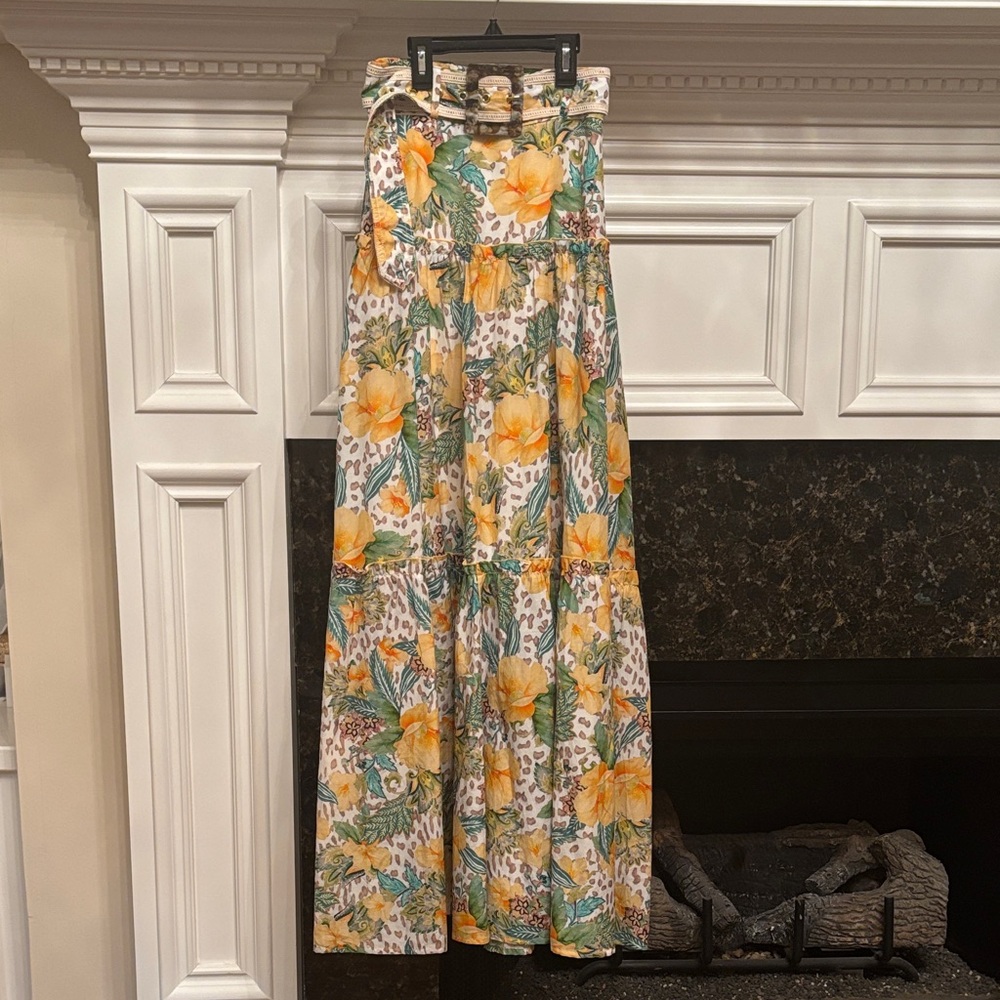Aqua Blu Floral print Cotton Silk blend belted Maxi Skirt xs.XS